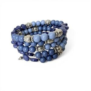 Beaded Boho Wrap Bracelet Hues Of Blue Round Acrylic Silvertone Stations Coastal